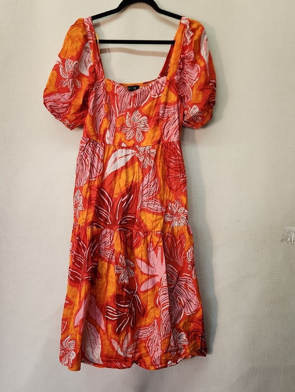 Floral Puff-Sleeve Midi Dress in Orange and Pink